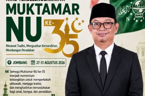 Poster ucapan selamat dan sukses atas terselenggaranya Muktamar ke-35 Nahdlatul Ulama (NU) di Jombang (27-31 Agustus 2026) dari Wakil Rektor III UIN Maulana Malik Ibrahim Malang, Prof. Dr. H. Triyo Supriyatno, M.Ag.