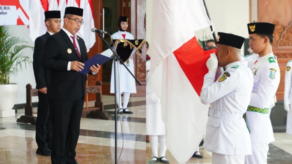 Bupati Madiun, Hari Wuryanto mengukuhkan Paskibraka Upacara HUT ke-81 Republik Indonesia Kabupaten Madiun 2026./dok.DNY