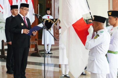 Bupati Madiun, Hari Wuryanto mengukuhkan Paskibraka Upacara HUT ke-81 Republik Indonesia Kabupaten Madiun 2026./dok.DNY