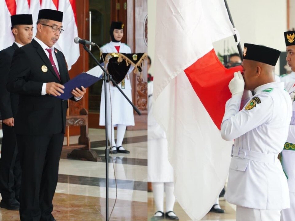 Bupati Madiun, Hari Wuryanto mengukuhkan Paskibraka Upacara HUT ke-81 Republik Indonesia Kabupaten Madiun 2026./dok.DNY