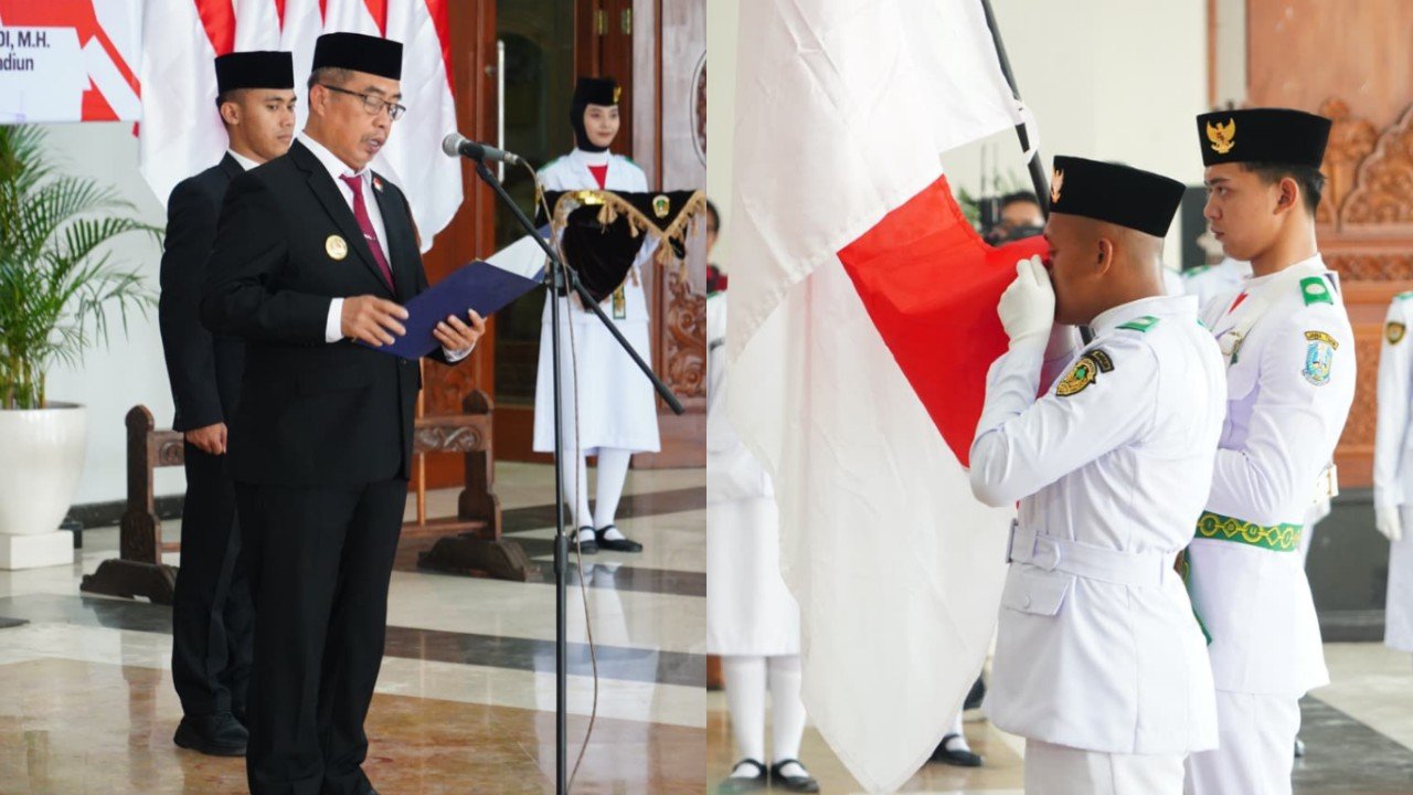 Bupati Madiun, Hari Wuryanto mengukuhkan Paskibraka Upacara HUT ke-81 Republik Indonesia Kabupaten Madiun 2026./dok.DNY