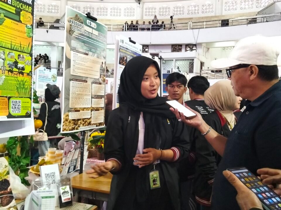 Imelda Friska Amelia mahasiswa UMLA sedang menjelaskan pada wartawanSisa kayu dan bubuk kayu kemudian dikembangkan menjadi biokar