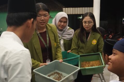 Mahasiswa KKN 60 Desa Sekaran menunjukkan larva Maggot lalat BSF pada saat kegiatan Sosialisasi Maggot di Balai Desa Sekaran, Kecamatan Kasiman, Kabupaten Bojonegoro. (Dokumentasi Tim PDD KKN 60 Sekaran)