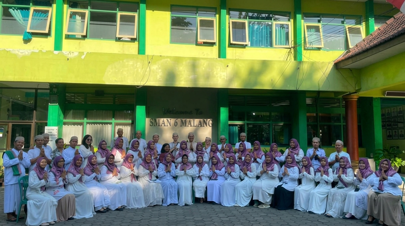 Potret kebersamaan dewan guru dan staf keluarga besar SMAN 6 Kota Malang yang tampil kompak berbusana muslim di halaman sekolah. Momen kehangatan ini diabadikan di sela-sela semarak rangkaian peringatan Maulid Nabi Muhammad SAW pada Kamis (27/8/2026).