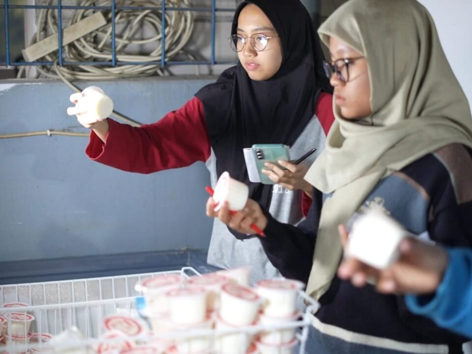 Mahasiswa Universitas Brawijaya tengah melakukan inspeksi visual dan pendataan sampel produk olahan susu di Koperasi Margo Makmur Mandiri, Dusun Brau, Kota Batu.