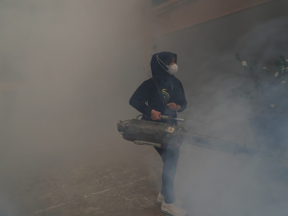 Menembus kepulan asap tebal, Anggota DPD RI Jatim Ning Lia (Dr. Lia Istifhama) beraksi langsung mengoperasikan mesin fogging di area pesantren Tambakberas, Jombang, sebagai langkah preventif cegah DBD jelang Muktamar NU ke-35.