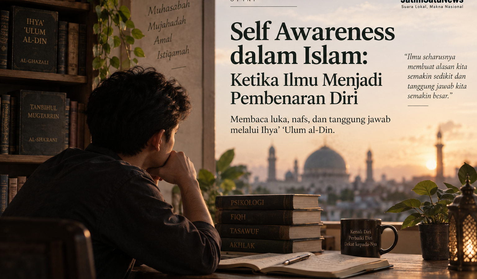 Ilustrasi self awareness dalam Islam melalui muhasabah, mujahadah, fiqh dan tasawuf