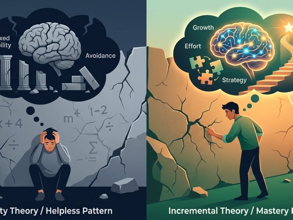 Ilustrasi perbandingan respon kognitif entity theory dan incremental theory dalam konsep implicit theories Carol Dweck