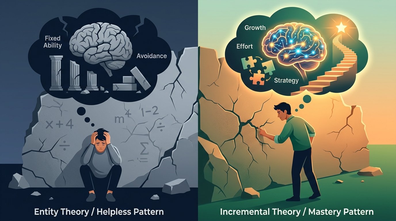 Ilustrasi perbandingan respon kognitif entity theory dan incremental theory dalam konsep implicit theories Carol Dweck