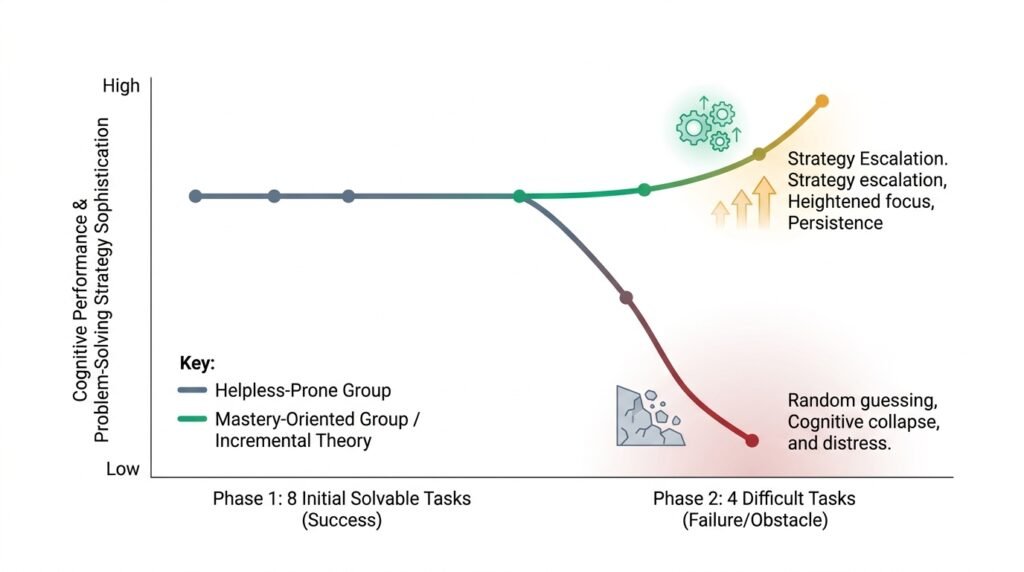 Grafik perbandingan performa anak kelompok helpless dan mastery dalam eksperimen implicit theories Dweck