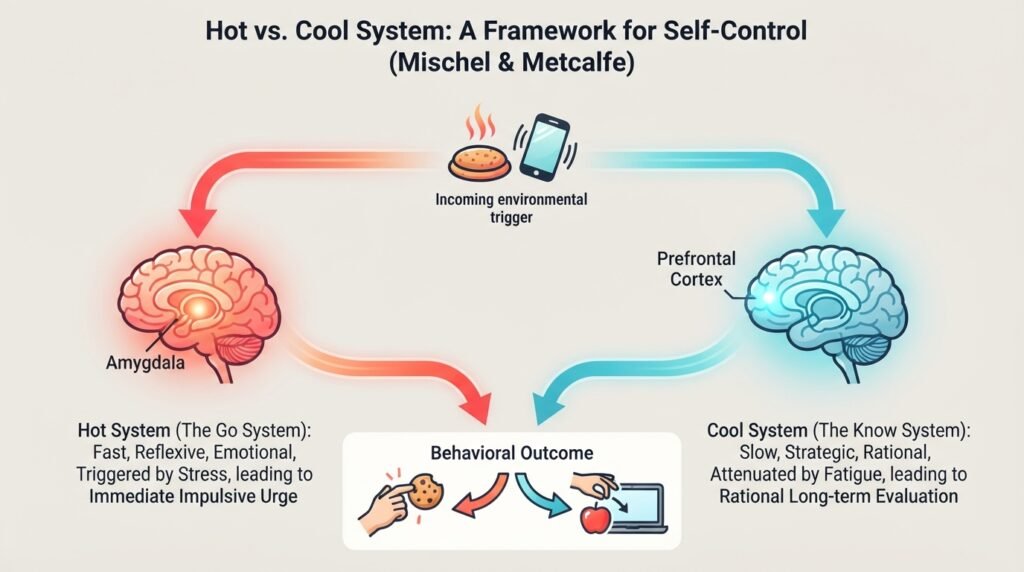 Diagram sistem pemrosesan otak hot system dan cool system dalam mekanisme kendali diri