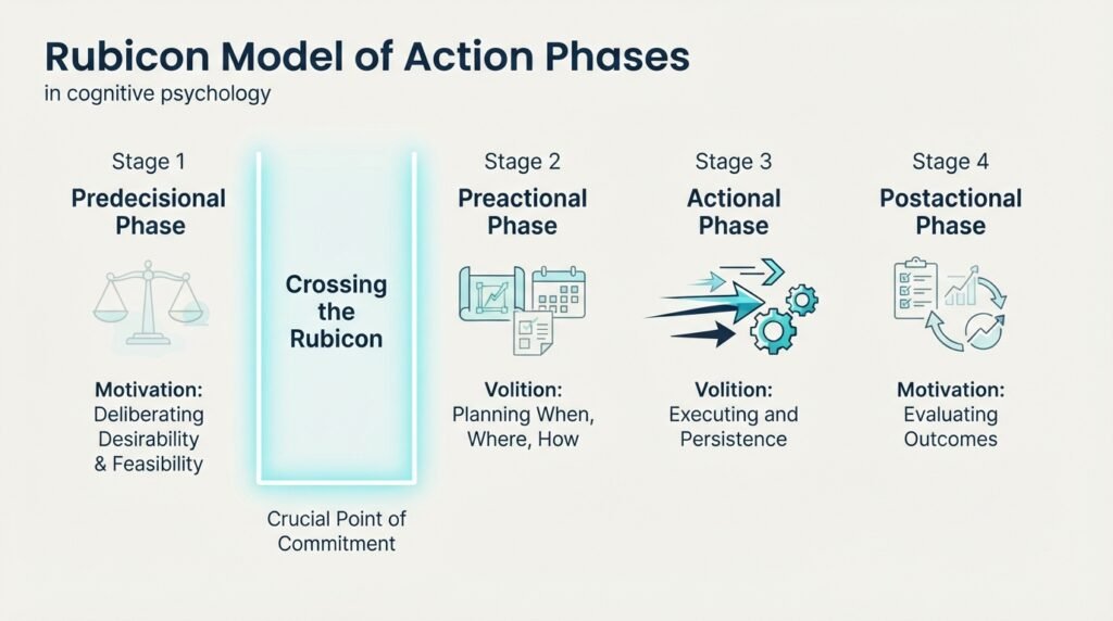Diagram alur empat fase tindakan model Rubicon Mindset Theory of Action Phase mulai dari pradesisi, menyeberangi sungai Rubicon, pratindakan, tindakan, hingga pascatindakan.