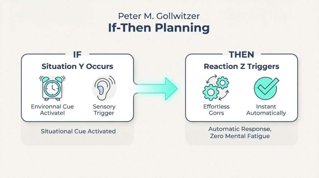 Diagram alur mekanisme Mindset Theory of Action Phase kognitif If-Then Planning Peter Gollwitzer yang menghubungkan isyarat situasi Jika dengan respons otomatis Maka tanpa menguras mental.
