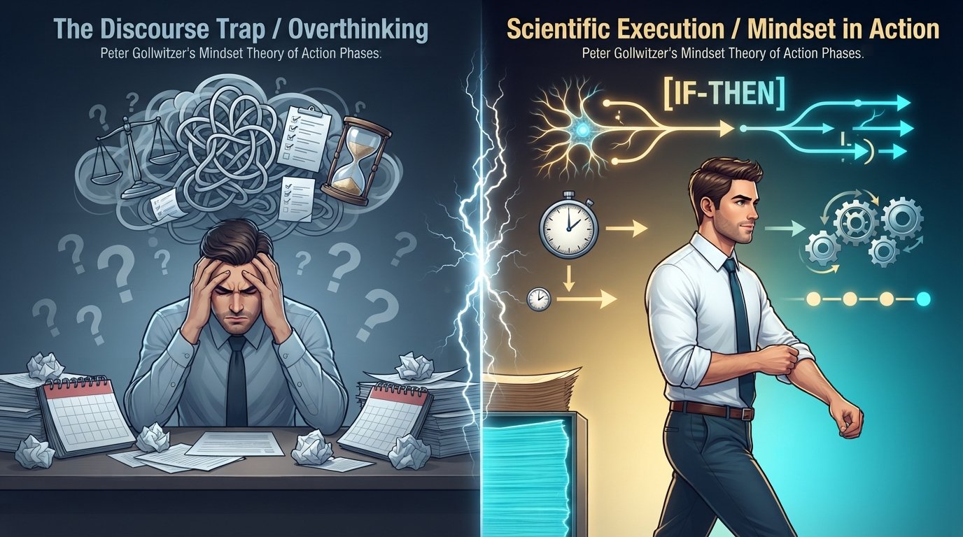 Ilustrasi sains Mindset Theory of Action Phases Peter Gollwitzer yang membedah penyebab rencana berakhir jadi wacana dan rahasia eksekusinya.