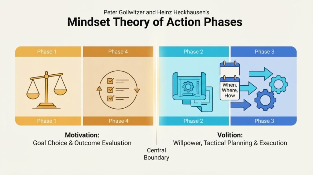 Diagram dua ranah psikologis Mindset Theory of Action Phases: Motivasi untuk memilih tujuan versus Volisi untuk merencanakan dan mengeksekusi tindakan.