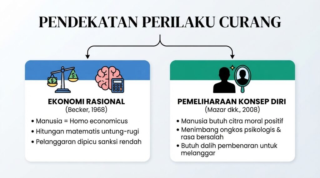 Diagram bagan dua pendekatan perilaku curang membandingkan teori ekonomi rasional Becker dan pemeliharaan konsep diri Mazar.