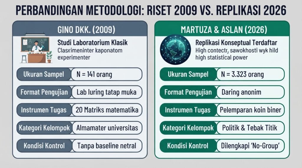 Tabel perbandingan metodologi riset perilaku curang antara studi eksperimen Gino 2009 dan replikasi Martuza 2026