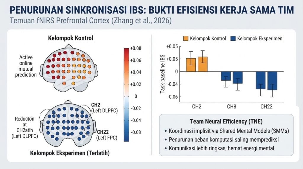 Grafik perbandingan penurunan sinkronisasi IBS prefrontal yang menandai efisiensi kerja sama tim Zhang 2026