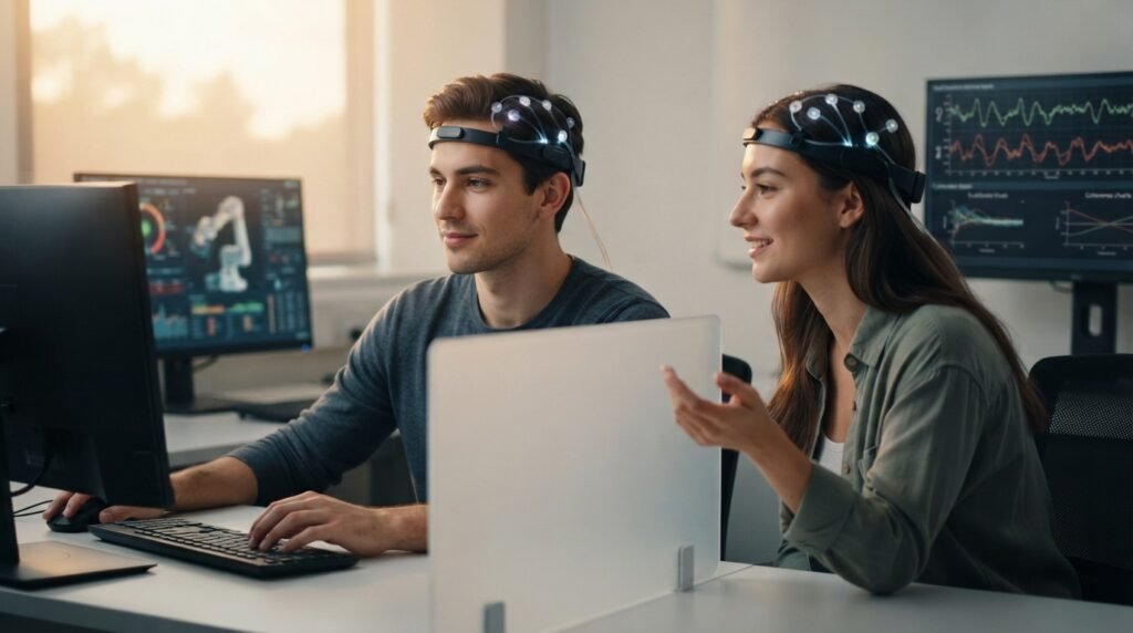 Dua anggota tim mengenakan sensor fNIRS prefrontal menunjukkan kerja sama yang kompak dan tenang dalam simulasi kerja