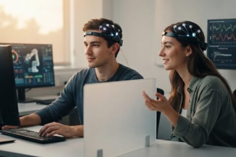 Dua anggota tim mengenakan sensor fNIRS prefrontal menunjukkan kerja sama yang kompak dan tenang dalam simulasi kerja