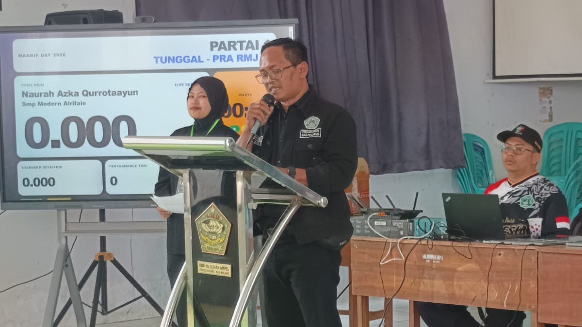 Saiful Anam, Ketua PC Pagar Nusa Kabupaten Malang saat memberi pidato pada Ma'arif Day 2026./dok.ROF