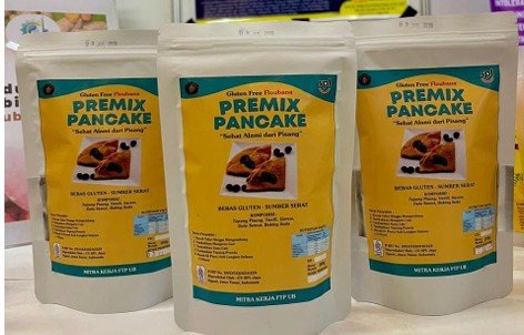 Produk Premix Pancake Gluten Free Flashana berbahan dasar tepung pisang hasil inovasi hilirisasi program Dosen Berkarya FTAB Universitas Brawijaya bersama CV Sumber Pangan Lestari Jaya di Ngawi.