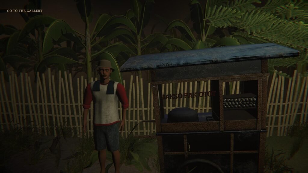 Karakter pedagang gerobak bakso pak otot di area luar museum game horor Nightwatch at the Museum