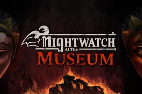 Poster kover horizontal game horor Nightwatch at the Museum menampilkan topeng Jawa tradisional diapit kobaran api