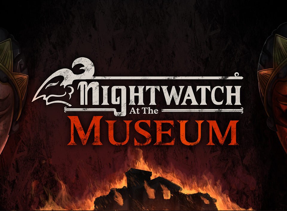 Poster kover horizontal game horor Nightwatch at the Museum menampilkan topeng Jawa tradisional diapit kobaran api