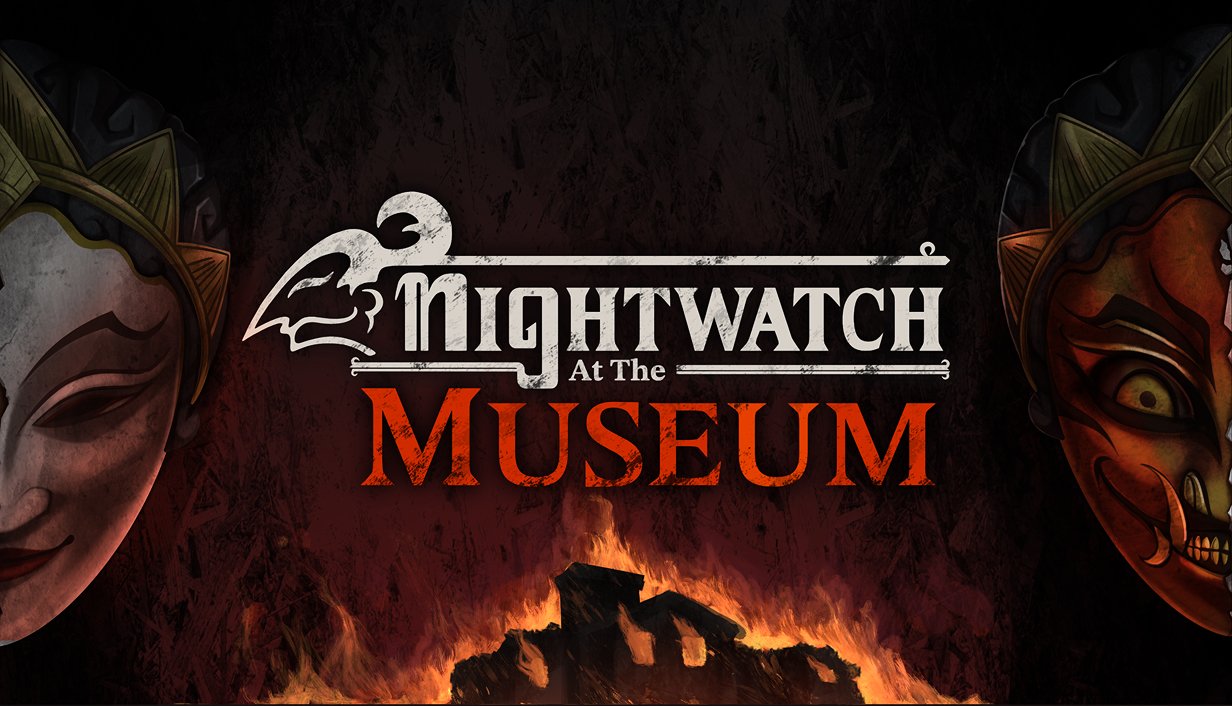 Poster kover horizontal game horor Nightwatch at the Museum menampilkan topeng Jawa tradisional diapit kobaran api
