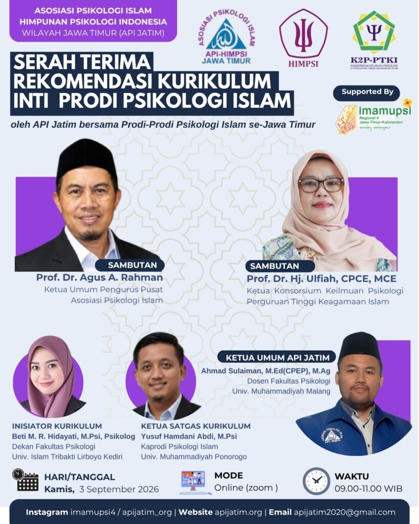 Poster acara serah terima rekomendasi kurikulum inti prodi psikologi islam oleh API Jatim bersama prodi se-Jawa Timur