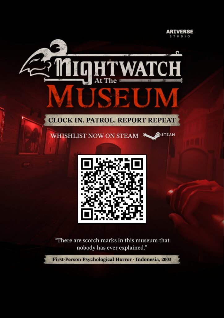 Poster resmi game Nightwatch at the Museum dilengkapi kode QR wishlist Steam dan suasana lorong merah