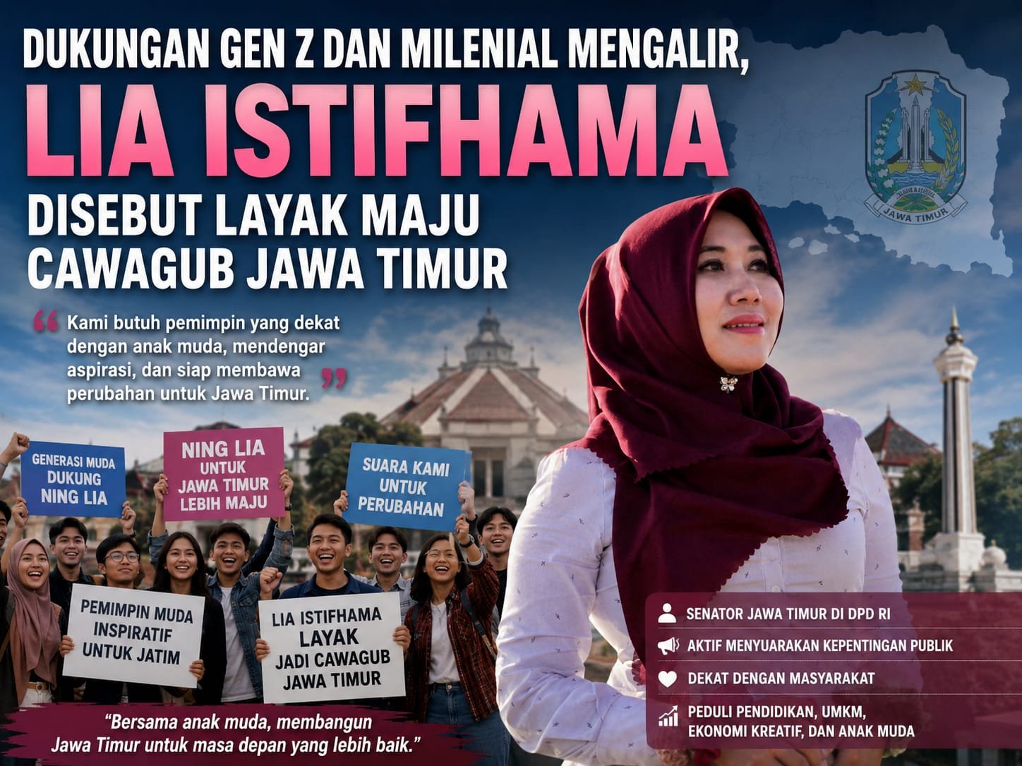 Poster digital yang merepresentasikan derasnya aspirasi dan dukungan dari kalangan Gen Z serta milenial yang menilai sosok Senator DPD RI, Lia Istifhama, sebagai figur pemimpin ideal yang layak diusung menjadi Calon Wakil Gubernur Jawa Timur.