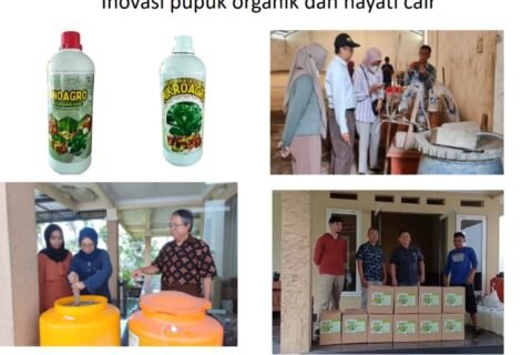 Rangkaian dokumentasi Prof. Amin Setyo Leksono bersama tim saat meninjau langsung instalasi proses pembuatan, melakukan pengadukan bahan pada wadah fermentasi, hingga berfoto dengan hasil akhir inovasi pupuk organik dan hayati cair yang telah dikemas ke dalam kardus dan siap didistribusikan secara k