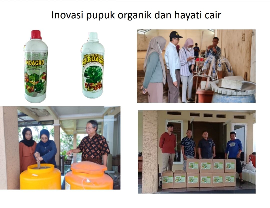 Rangkaian dokumentasi Prof. Amin Setyo Leksono bersama tim saat meninjau langsung instalasi proses pembuatan, melakukan pengadukan bahan pada wadah fermentasi, hingga berfoto dengan hasil akhir inovasi pupuk organik dan hayati cair yang telah dikemas ke dalam kardus dan siap didistribusikan secara k