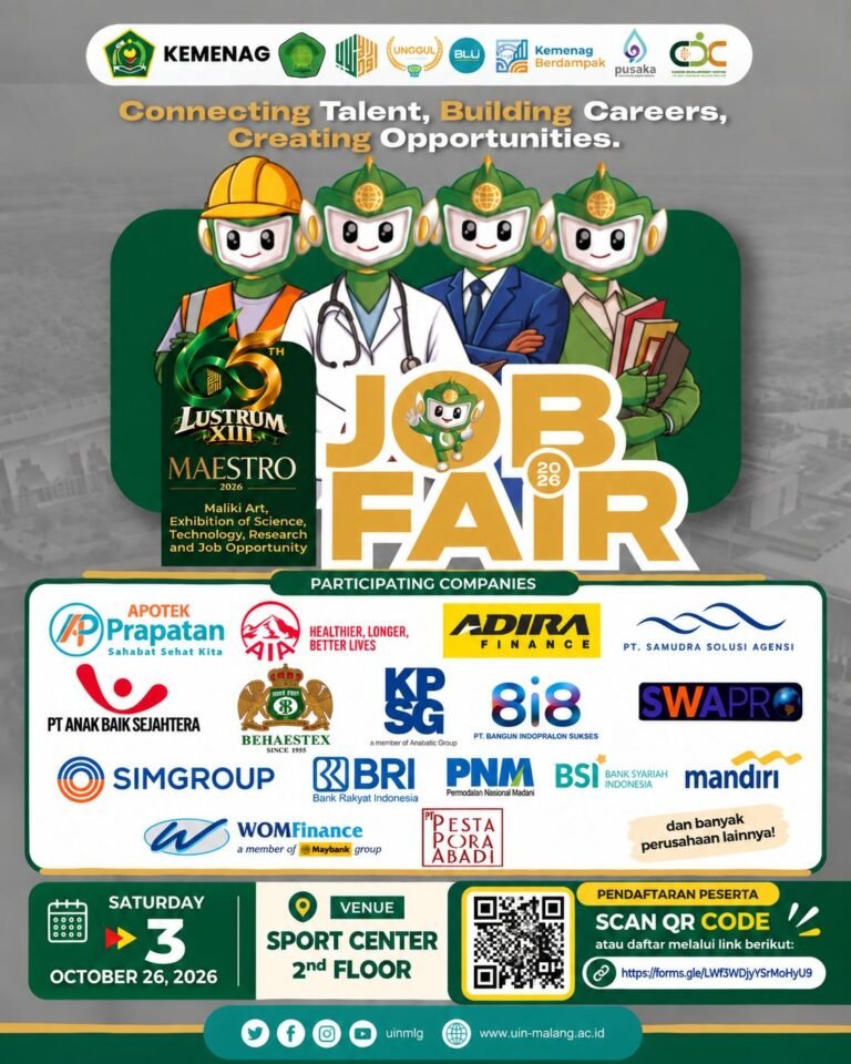 Poster resmi gelaran Job Fair UIN Malang 2026 yang menggandeng belasan perusahaan multisektor di Lantai 2 Sport Center Kampus UIN Malang. Pendaftaran peserta dapat diakses melalui pemindaian kode QR resmi.