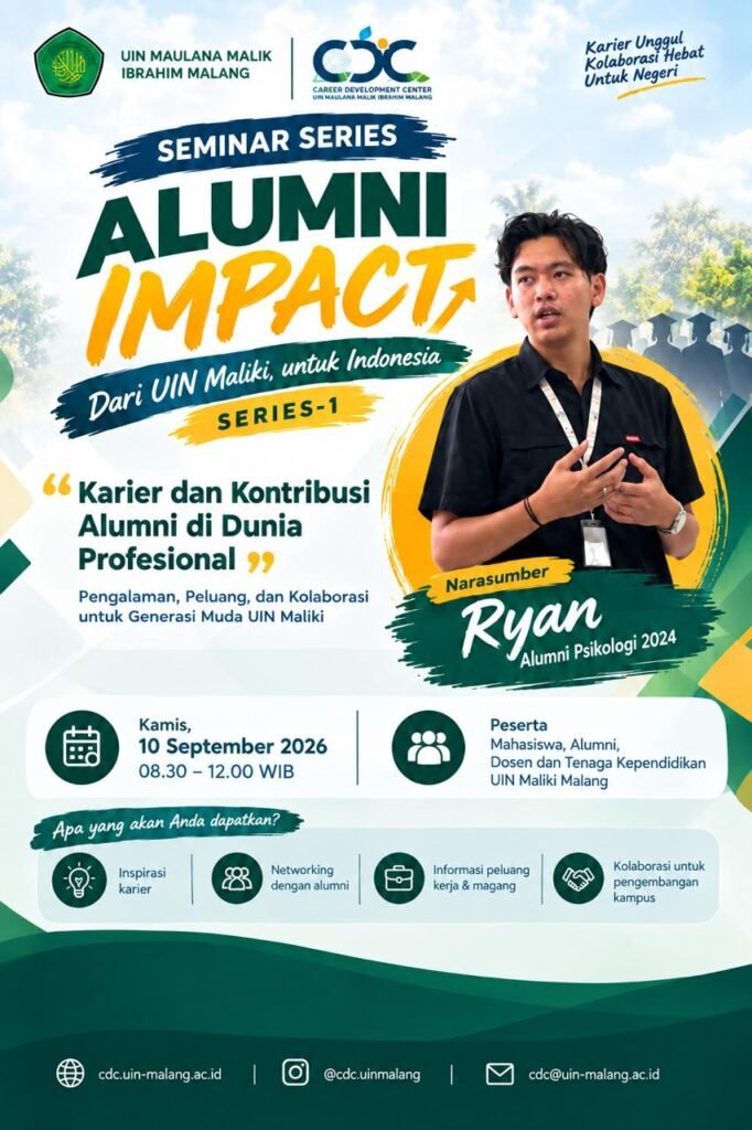 Visual publikasi kegiatan Seminar Series Alumni Impact yang menampilkan narasumber Ryan Mahardika Alif Rosyid beserta informasi detail penyelenggaraan acara pada 10 September 2026.