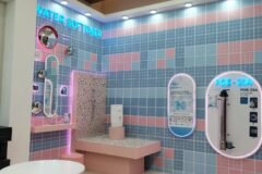 Tampilan stan Coway bernuansa pastel di ajang IndoBuildTech (IBT) Surabaya 2026 yang memamerkan produk terbaru water softener Yonsu serta sistem filter air luar ruangan POE-23A.