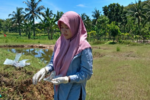 Dr. Reni Ustiatik, S.P., M.P., Melakukan pengambilan sampel bakteri di lapang.