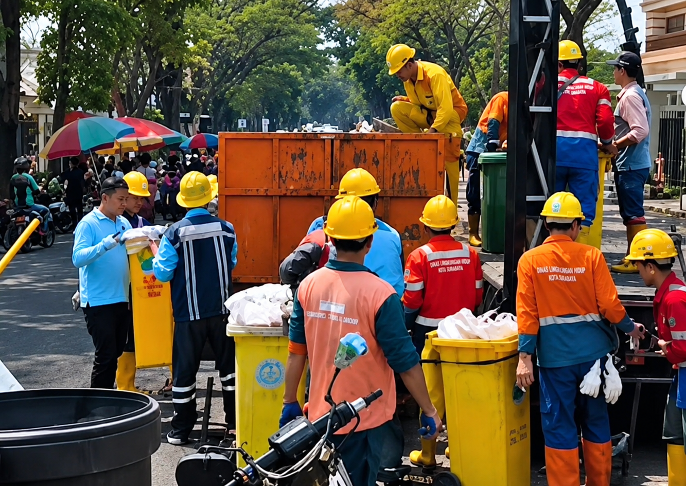 Petugas kebersihan berseragam lengkap dan helm pengaman bergotong royong mengangkut serta memilah sampah ke dalam bak truk saat aksi peringatan World Cleanup Day (WCD) di kawasan Car Free Day (HBKB).