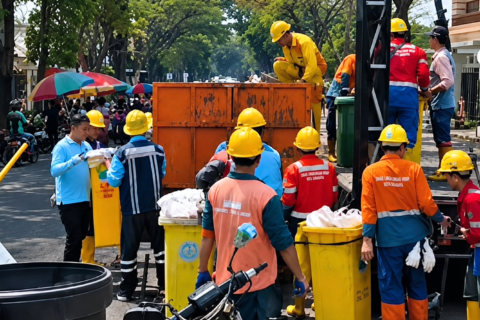 Petugas kebersihan berseragam lengkap dan helm pengaman bergotong royong mengangkut serta memilah sampah ke dalam bak truk saat aksi peringatan World Cleanup Day (WCD) di kawasan Car Free Day (HBKB).