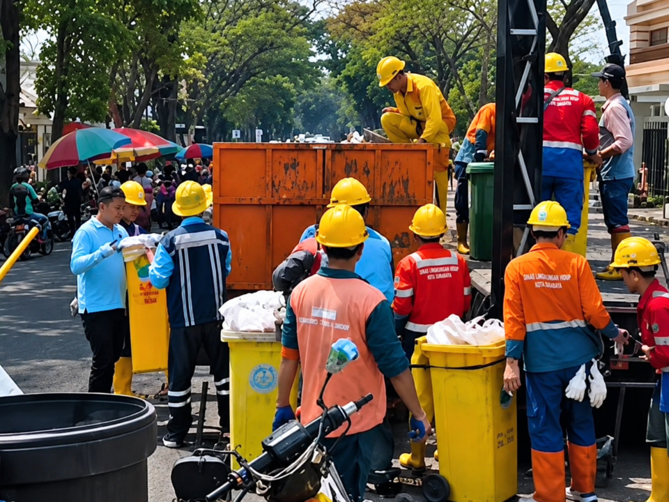 Petugas kebersihan berseragam lengkap dan helm pengaman bergotong royong mengangkut serta memilah sampah ke dalam bak truk saat aksi peringatan World Cleanup Day (WCD) di kawasan Car Free Day (HBKB).