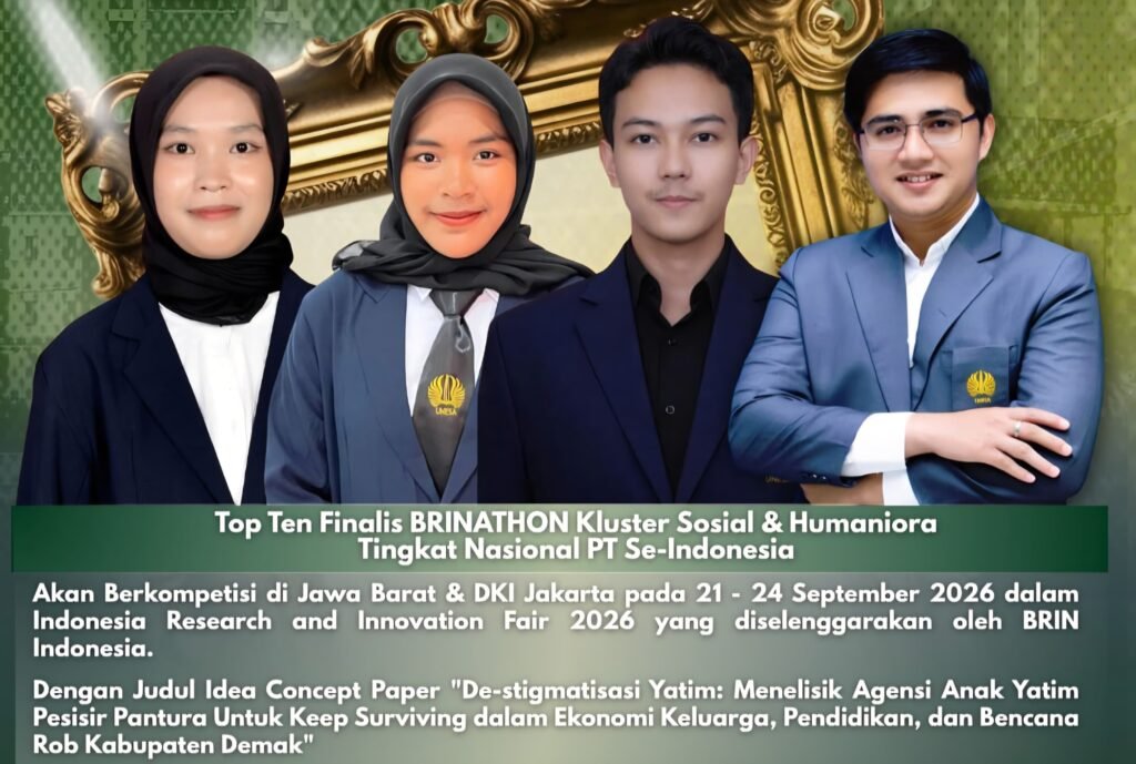 Tiga mahasiswa berprestasi dari PPKn FISIPOL UNESA (kiri ke kanan: Riski Intan Apriani, Ismatul Hawa, dan Reyhan Anggoro Septiansyah beserta dosen pembimbing) yang sukses melaju sebagai finalis tingkat nasional dalam ajang BRINATHON 2026 Klaster Sosial dan Humaniora.