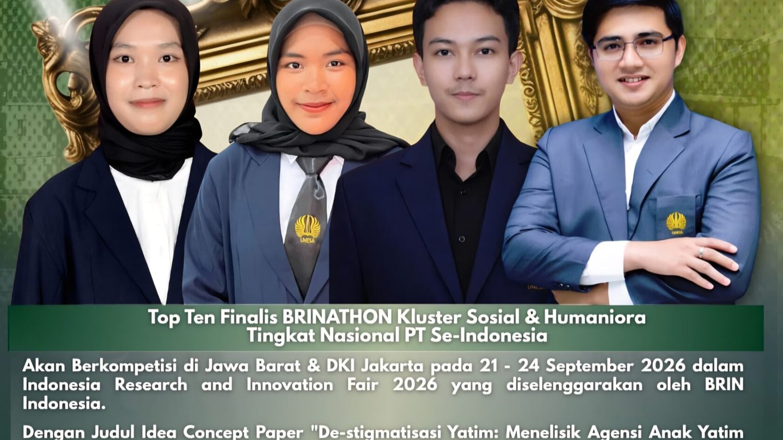 Tiga mahasiswa berprestasi dari PPKn FISIPOL UNESA (kiri ke kanan: Riski Intan Apriani, Ismatul Hawa, dan Reyhan Anggoro Septiansyah beserta dosen pembimbing) yang sukses melaju sebagai finalis tingkat nasional dalam ajang BRINATHON 2026 Klaster Sosial dan Humaniora.