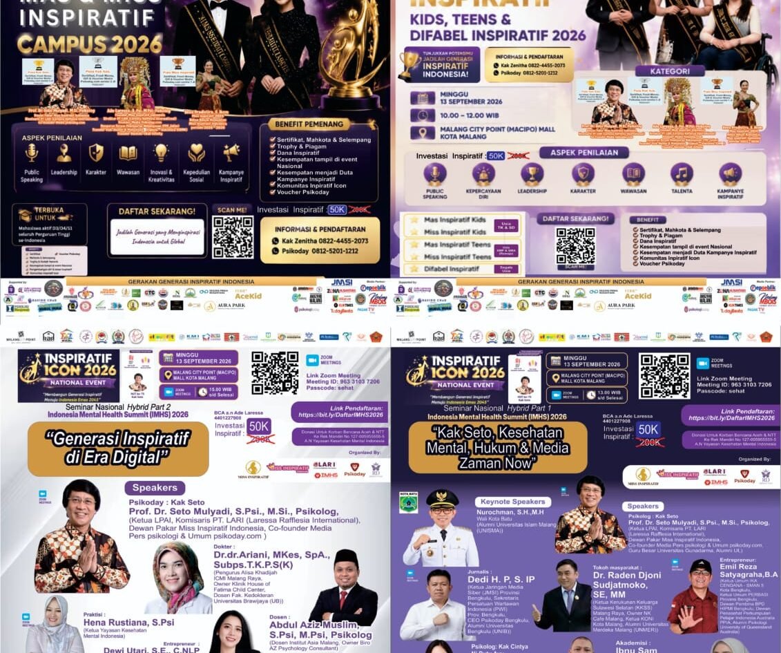Kumpulan poster resmi perilisan acara Inspiratif Icon 2026 yang memuat informasi pendaftaran Pemilihan Mas & Miss Inspiratif lintas kategori (Campus, Kids, Teens, Difabel), serta jadwal Seminar Nasional IMHS 2026 bersama Kak Seto dan pakar lainnya.