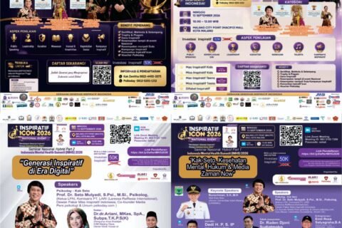 Kumpulan poster resmi perilisan acara Inspiratif Icon 2026 yang memuat informasi pendaftaran Pemilihan Mas & Miss Inspiratif lintas kategori (Campus, Kids, Teens, Difabel), serta jadwal Seminar Nasional IMHS 2026 bersama Kak Seto dan pakar lainnya.