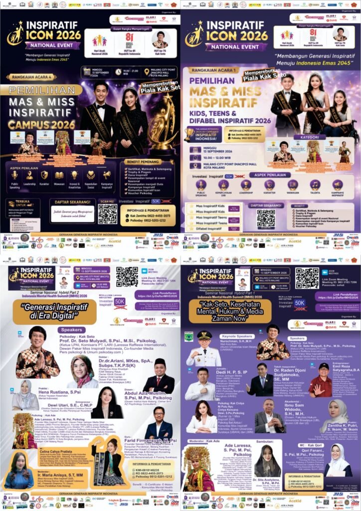 Kumpulan poster resmi perilisan acara Inspiratif Icon 2026 yang memuat informasi pendaftaran Pemilihan Mas & Miss Inspiratif lintas kategori (Campus, Kids, Teens, Difabel), serta jadwal Seminar Nasional IMHS 2026 bersama Kak Seto dan pakar lainnya.