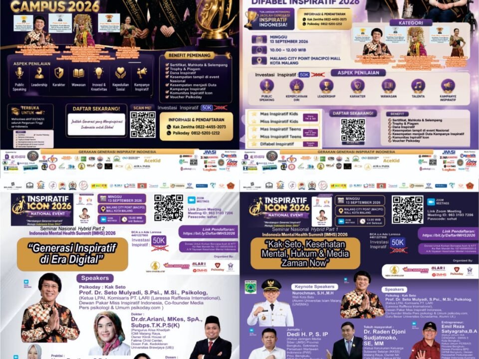 Kumpulan poster resmi perilisan acara Inspiratif Icon 2026 yang memuat informasi pendaftaran Pemilihan Mas & Miss Inspiratif lintas kategori (Campus, Kids, Teens, Difabel), serta jadwal Seminar Nasional IMHS 2026 bersama Kak Seto dan pakar lainnya.
