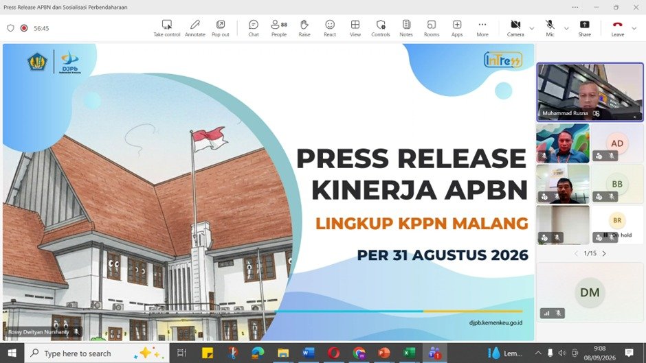 Pelaksanaan rilis kinerja APBN dan sosialisasi perbendaharaan yang dipimpin langsung oleh Kepala KPPN Malang, Muhammad Rusna, secara daring, Selasa (8/9/2026)