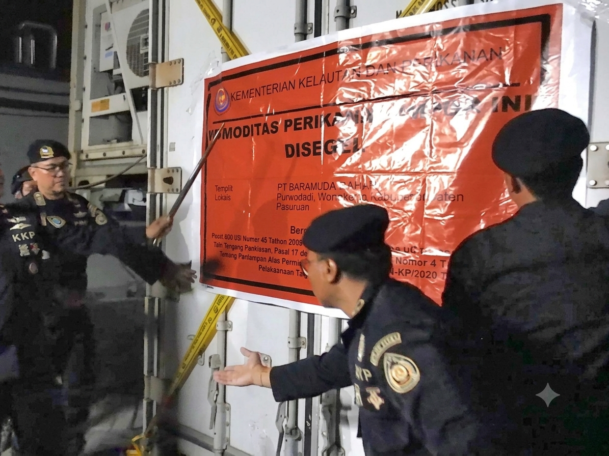Suasana petugas KKP saat melakukan penyegelan dan koordinasi lintas instansi di lokasi salah satu pabrik pengolahan udang di Pasuruan. Terlihat petugas menunjuk segel resmi KKP pada kontainer pendingin.
